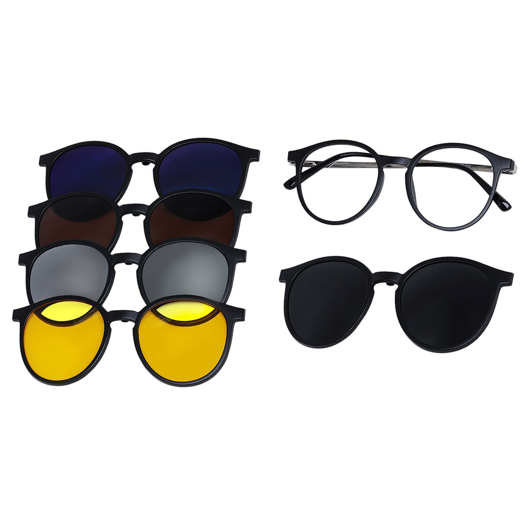 Óculos Redondo Clip-on 5 Lentes Masculino Preto 1901